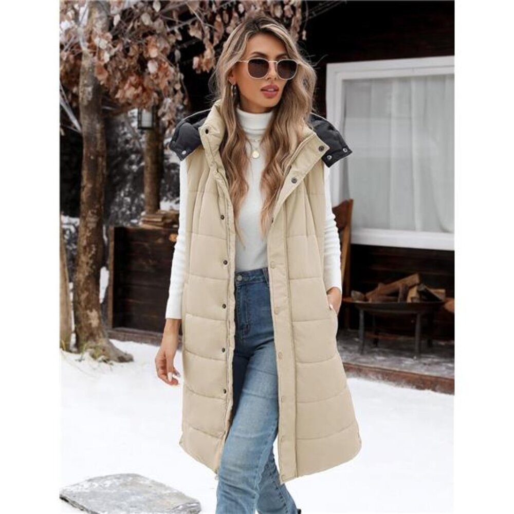 Women's Long Puffer Vest Jacket Sleeveless  Vest Zip Up Winter Coat Fall Vest - Picture 3 of 5